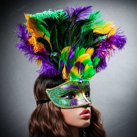 Venetian Glitter Crystal Mardi Gras Mask with Peacock Large Feather Green Yellow - Picture 4 of 9